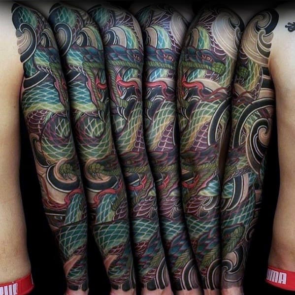 Full Arm Sleeve Snake Incredible Tattoo Designs On Gentleman