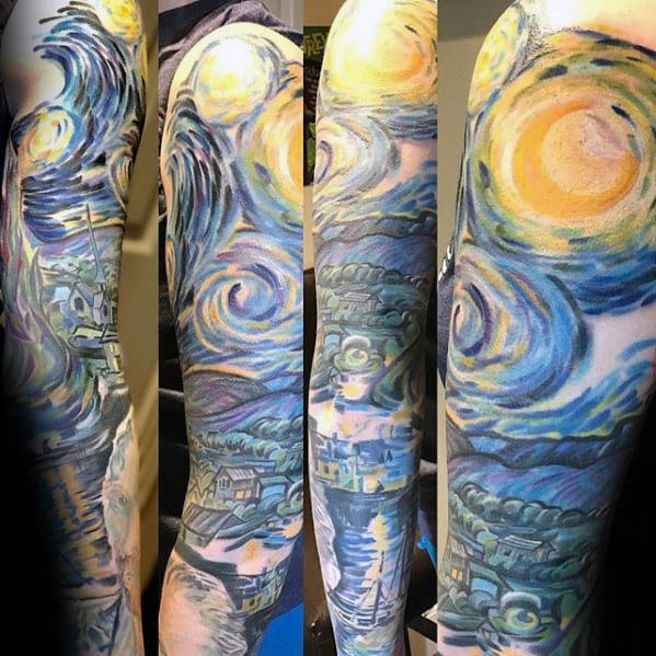 Full Arm Sleeve Stary Night Vincent Van Gogh Mens Tattoos