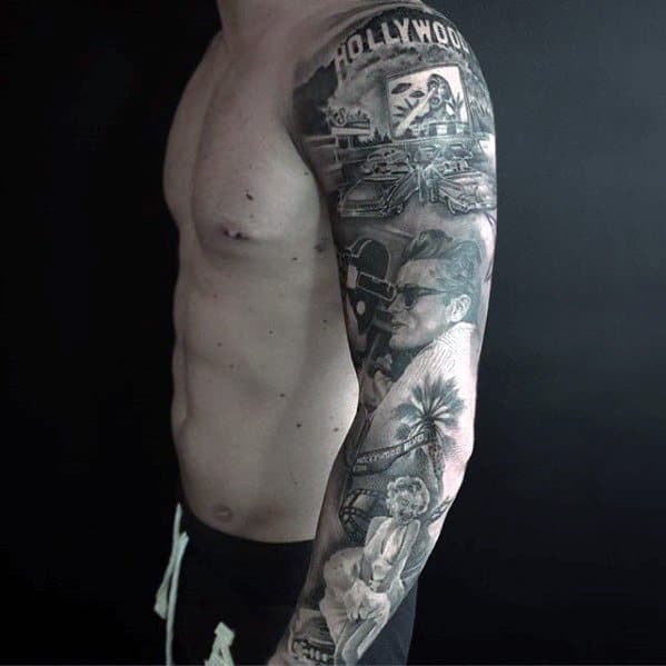 Full Arm Sleeve Themed Male James Dean Tattoo Ideas