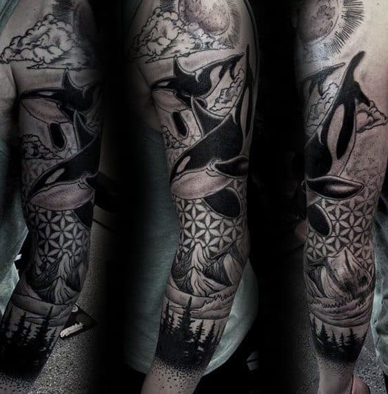 Full Arm Sleeve Themed Orca Male Tattoo Designs