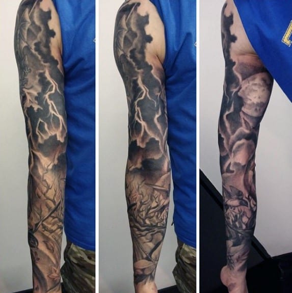 Full Arm Sleeve Thunderstorm Tattoo Ideas For Gentlemen