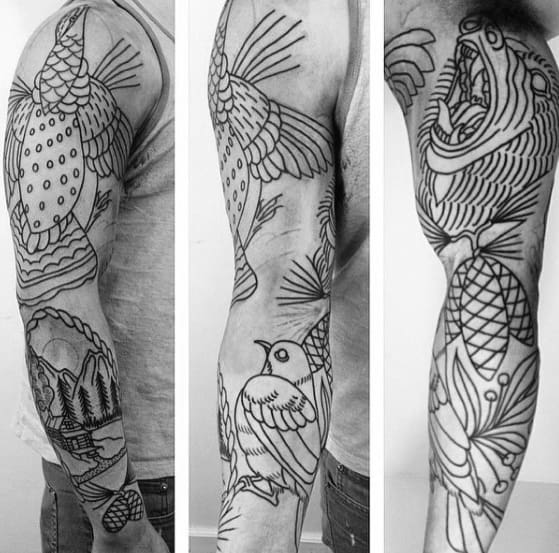 Full Arm Traditional Bird Nature Themed Guys Tattoos