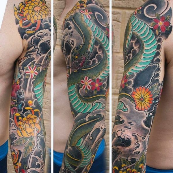 Full Arm Traditional Sleeve Mens Tattoo Japanese Snake Design