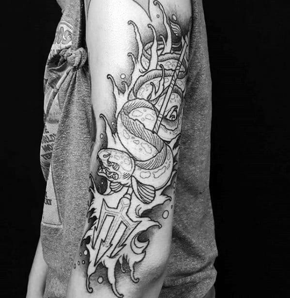 Full Arm Trident With Eel Tattoos Guys