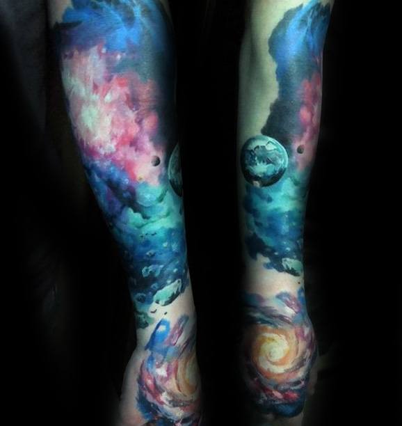 Full Arm Watercolor Mens Tattoo Ideas With Celestial Design