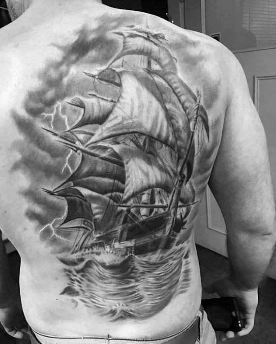 Full Back 3d Ship Thunderstorm Mens Tattoo Designs