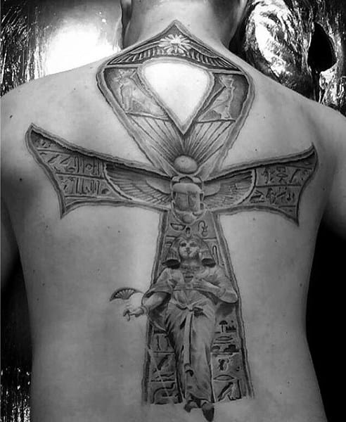 Black Ankh Tattoo On Upper Back