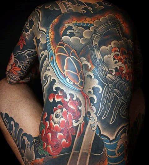 Full Back Chrysanthemum And Snake Male Japanese Tattoos