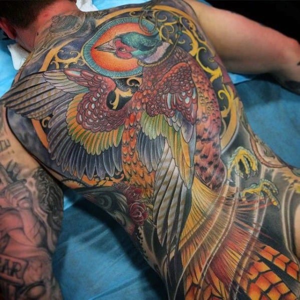 Full Back Colorful Pheasant Guys Tattoos