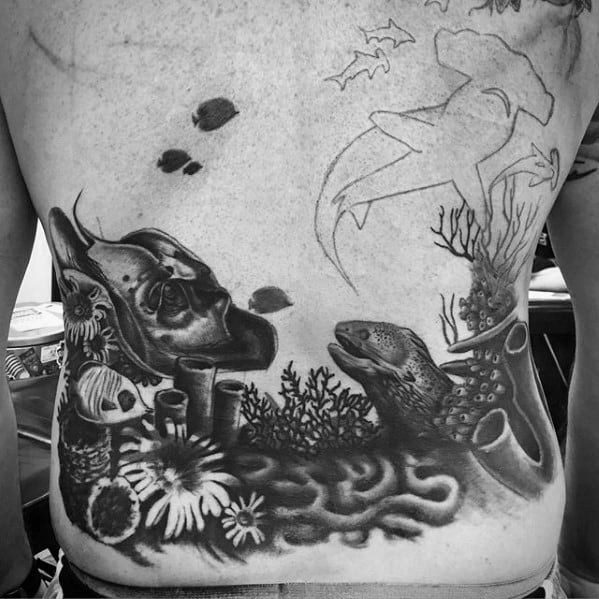 Full Back Deep Sea Themed Cool Eel Tattoo Design Ideas For Male
