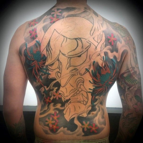 Full Back Demon Mask Cherry Blossom Tattoo On Male