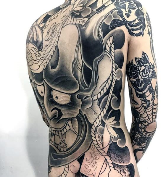 Full Back Demon Oni Mask Japanese Guys Shaded Tattoo