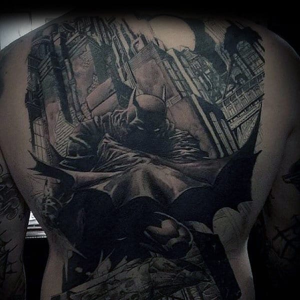 Full Back Flying Batman City Tattoos For Men