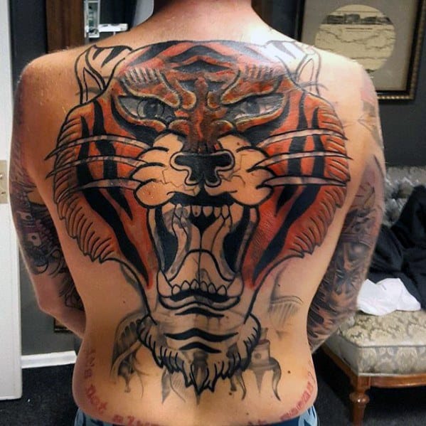 Full Back Giant Roaring Tiger Head Blast Over Mens Tattoo Ideas