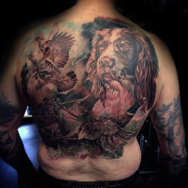 Full Back Guy With Dog With Pheasant Bird Tattoo Design