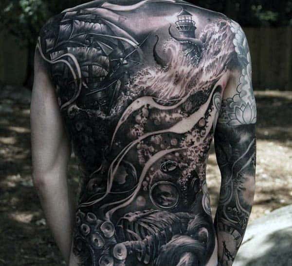 Full Back Kraken With Ship Extreme Mens Realistic Full Back Tattoo