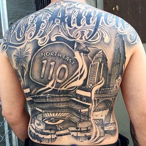 Full Back Los Angeles Themed Dodgers Tattoo Ideas For Males