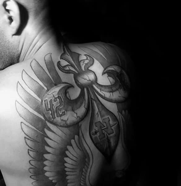 Full Back Mens Fleur De Lis Tattoo Ideas With Angel Wings