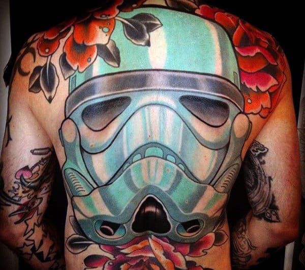 Full Back Mens Flower Stormtrooper Helmet Tattoos