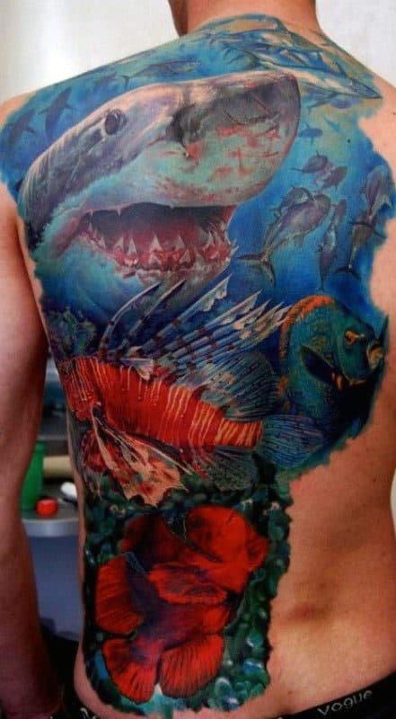 Full Back Mens Watercolor Coral Reef Tattoo Design Inspiration