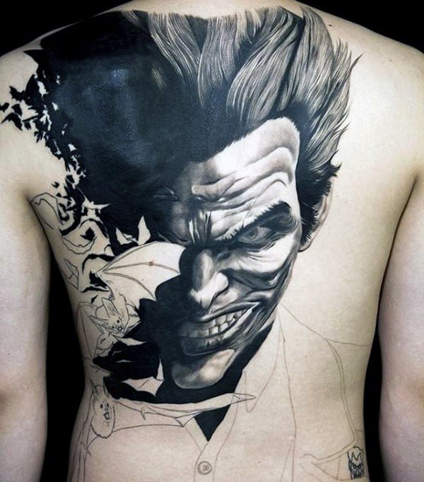 Full Back Portrait Tattoo Of Joker On Man