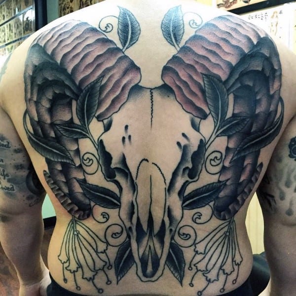 Full Back Ram Skull Mens Aries Tattoos