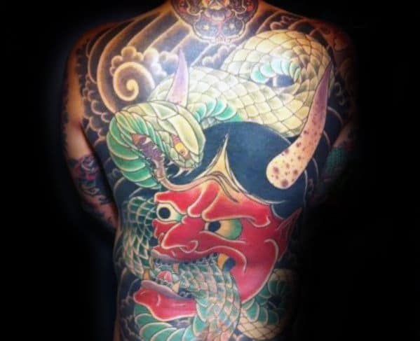 Full Back Red Demon Mask Mens Manly Japanese Snake Tattoo Designs