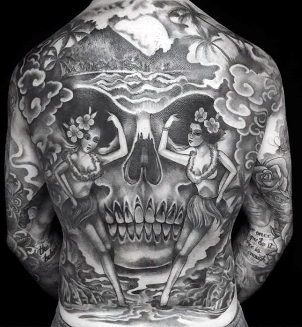 Full Back Skull Mens Cool Volcano Tattoo Ideas