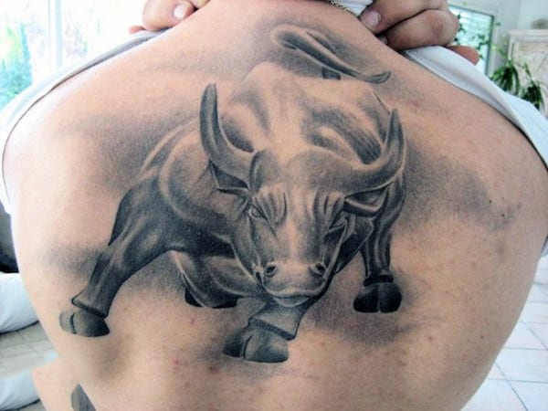Full Back Tattoo Of Bull On Men