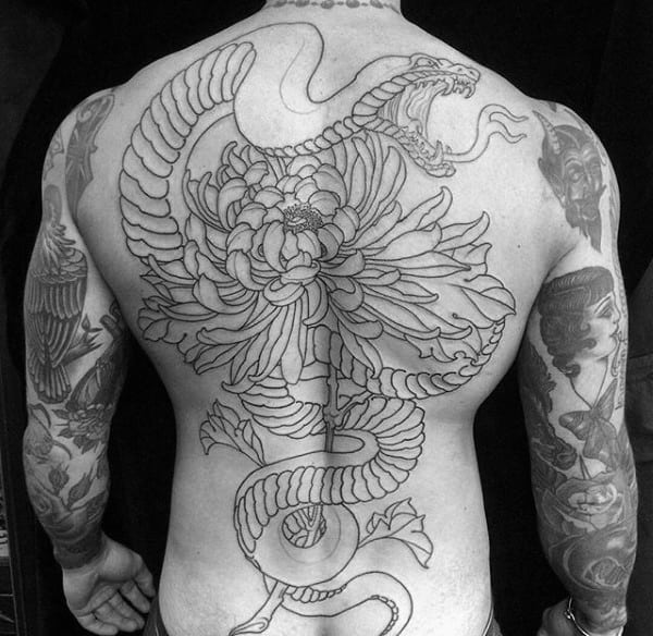 Full Back Tattoo Of Chrysanthemum With Snake Male Tattoo Inspiration