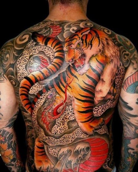 Full Back Tiger And Japanese Snake Guys Tattoos