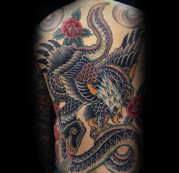 Full Back Traditional Manly Bald Eagle With Eel Tattoo Design Ideas For Men