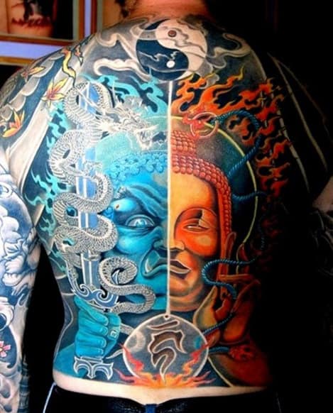 Full Back Yin Yang Mens Tattoo Design Inspiration
