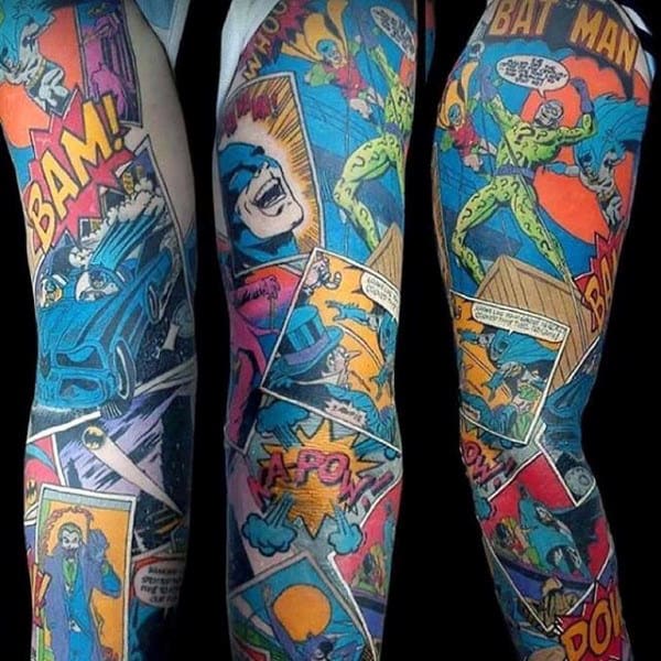 Full Batman Comic Strip Arm Sleeve Tattoos For Guys