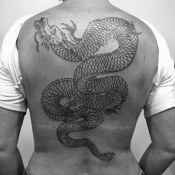 Full Black Ink Outline Mens Back Tattoo Of Chinese Dragon
