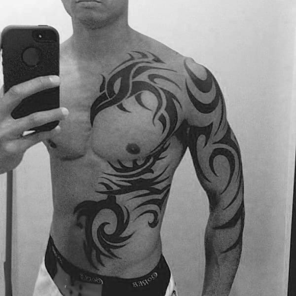 Full Chest And Arm Guys Phoenix Tribal Tattoos