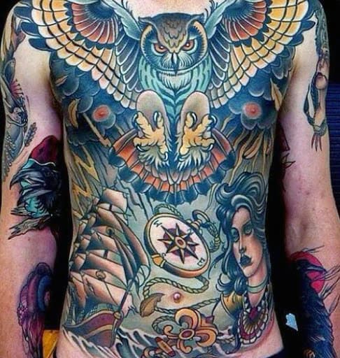 Full Chest Awesome Guys Nautical Themed Traditional Tattoos