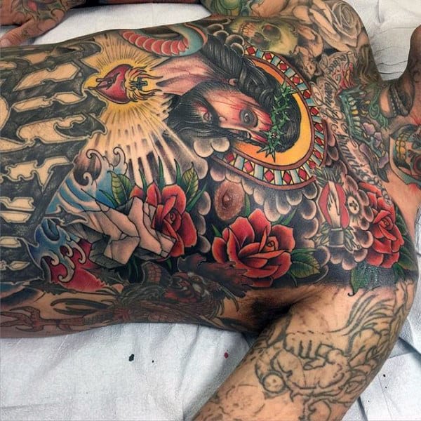 Full Chest Colorful Mens Christian Themed Jesus Tattoos With Roses And Heart