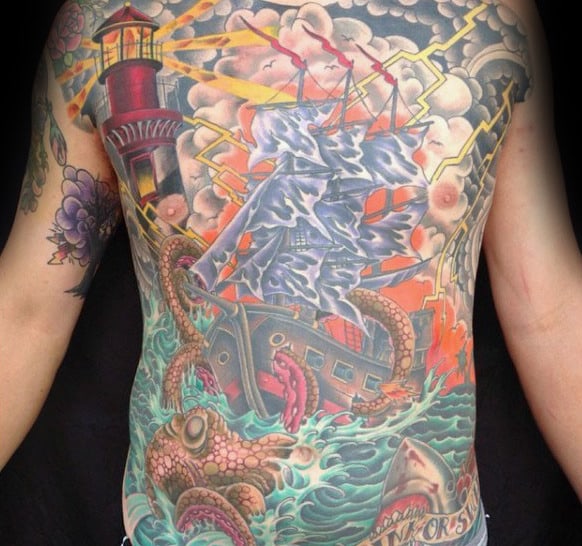 Full Chest Mens Kraken Lighhouse Tattoo Designs
