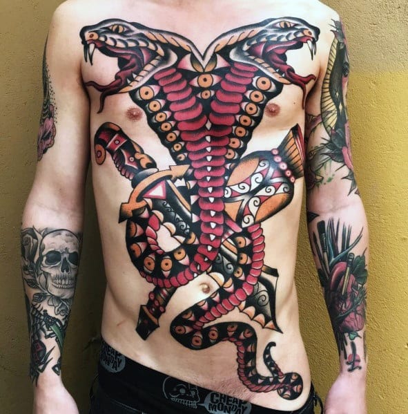 Full Chest Two Headed Snake Tattoo Inspiration For Men