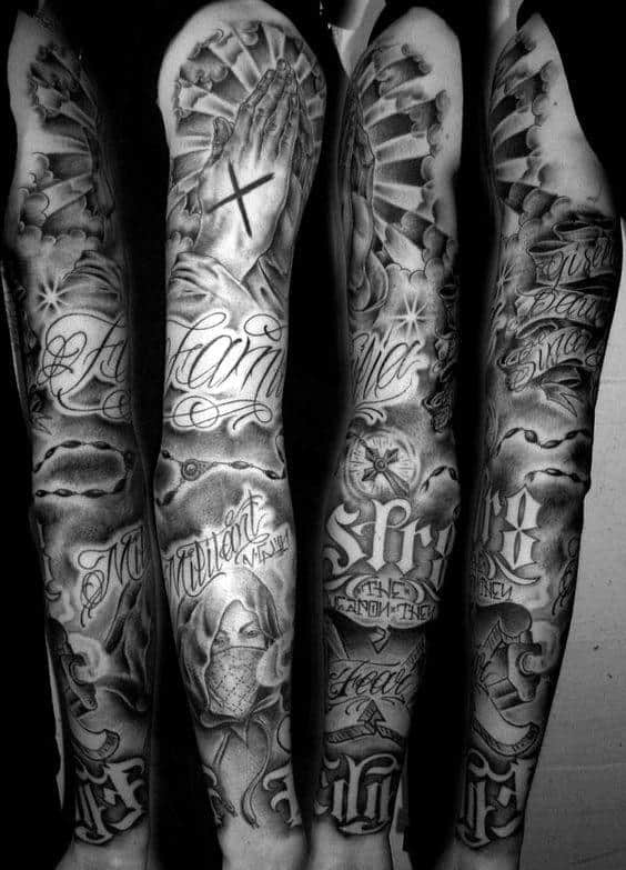 Full Chicano Sleeve Male Tattoo Design Inspiration With Praying Hands Design