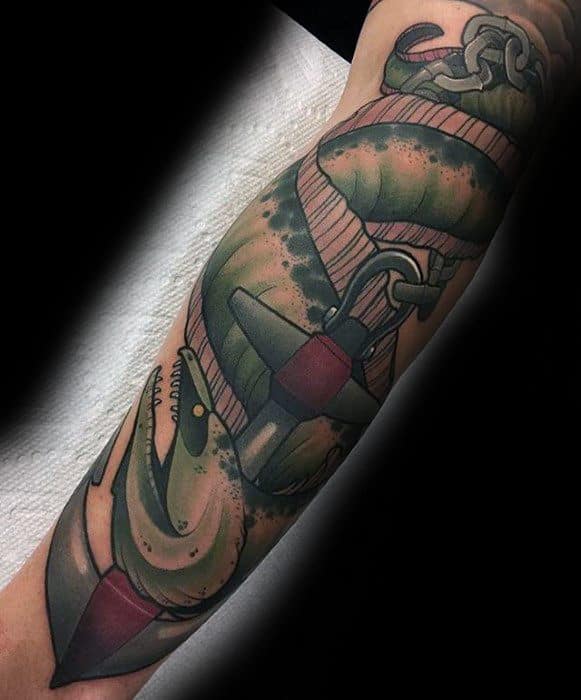 Full Leg Anchor With Green Eel Guys Tattoo Designs