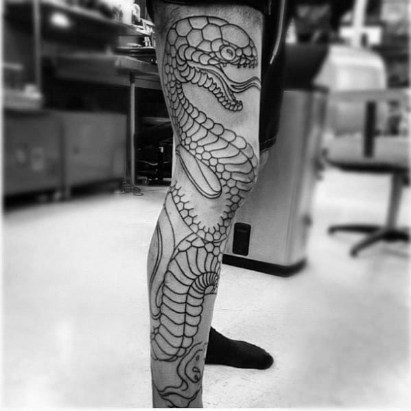 Full Leg Guys Traditional Leg Black Ink Outline Snake Tattoo