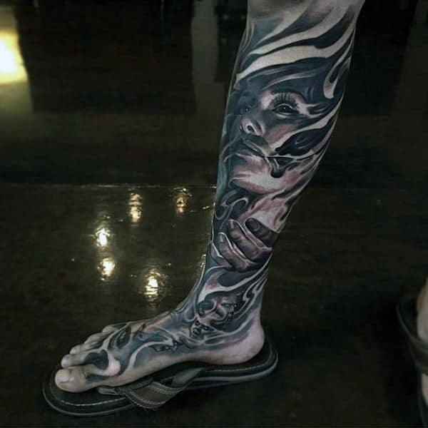 Full Leg Mens Sleeve Tattoo With Black Ink