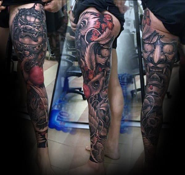 Full Leg Sleeve Fu Dog And Hannya Mask Tattoo On Male