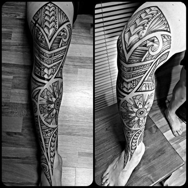 Full Leg Sleeve Guys Tribal Tattoo Designs