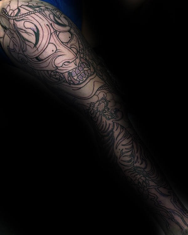 Full Leg Sleeve Hannya Mask Outline Black Ink Guys Tattoos