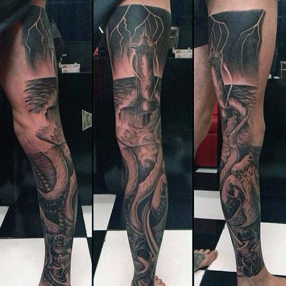 Full Leg Sleeve Lighthouse Tattoo For Men With Thunder