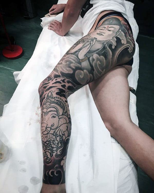 Full Leg Sleeve Male Ganesh Themed Religious Tattoos