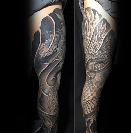 Full Leg Sleeve Mens Japanese Phoenix Tattoo Design Ideas